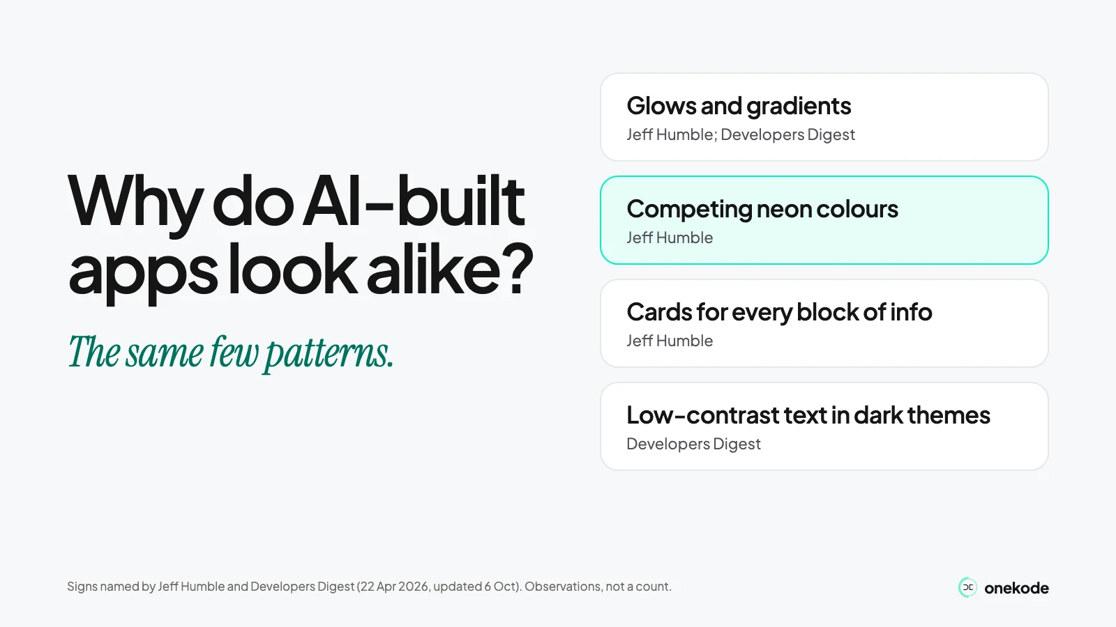 Why do AI-built apps look alike? Signs design writers list: glows and gradients, competing neon colours, cards for every block of info, and low-contrast text in dark themes. They prove nothing else.
